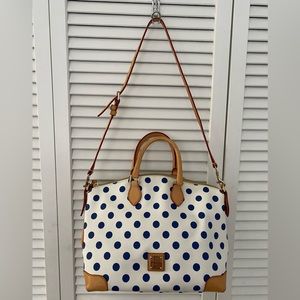White and blue polka dot Dooney & Bourke tote